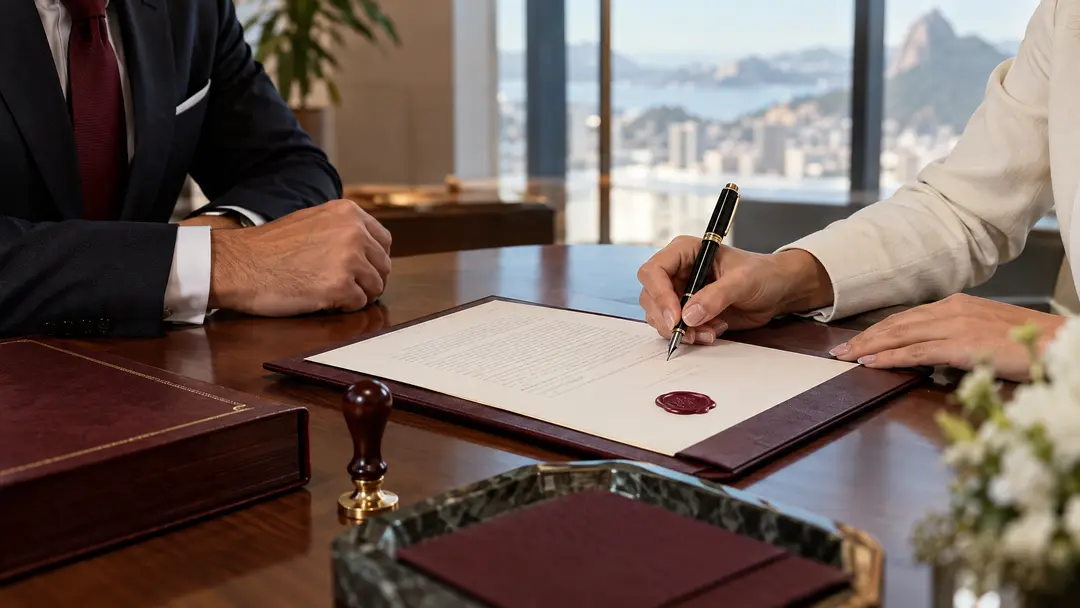 Assinatura de contrato comercial em mesa executiva
