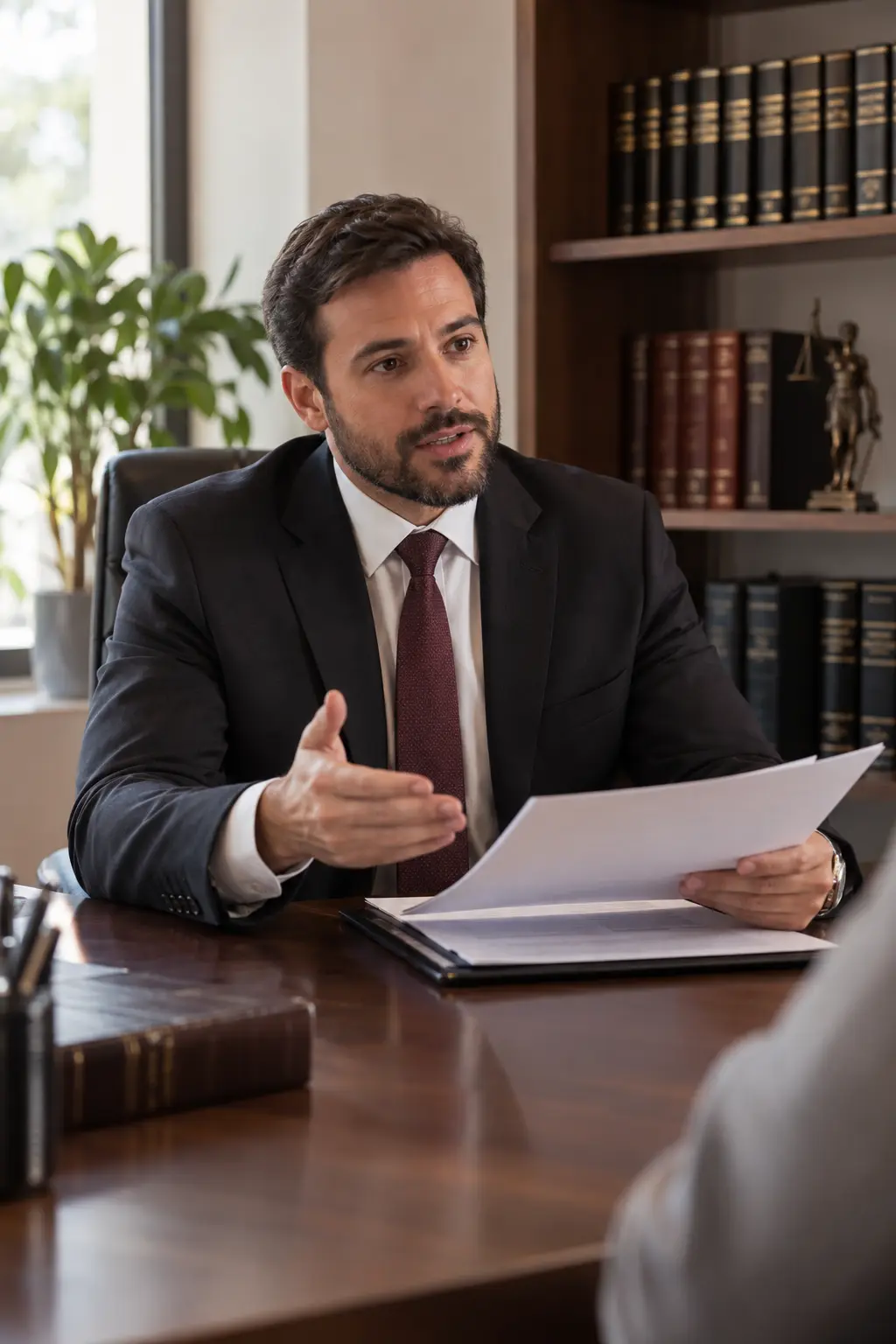 Advogado orientando cliente em escritório