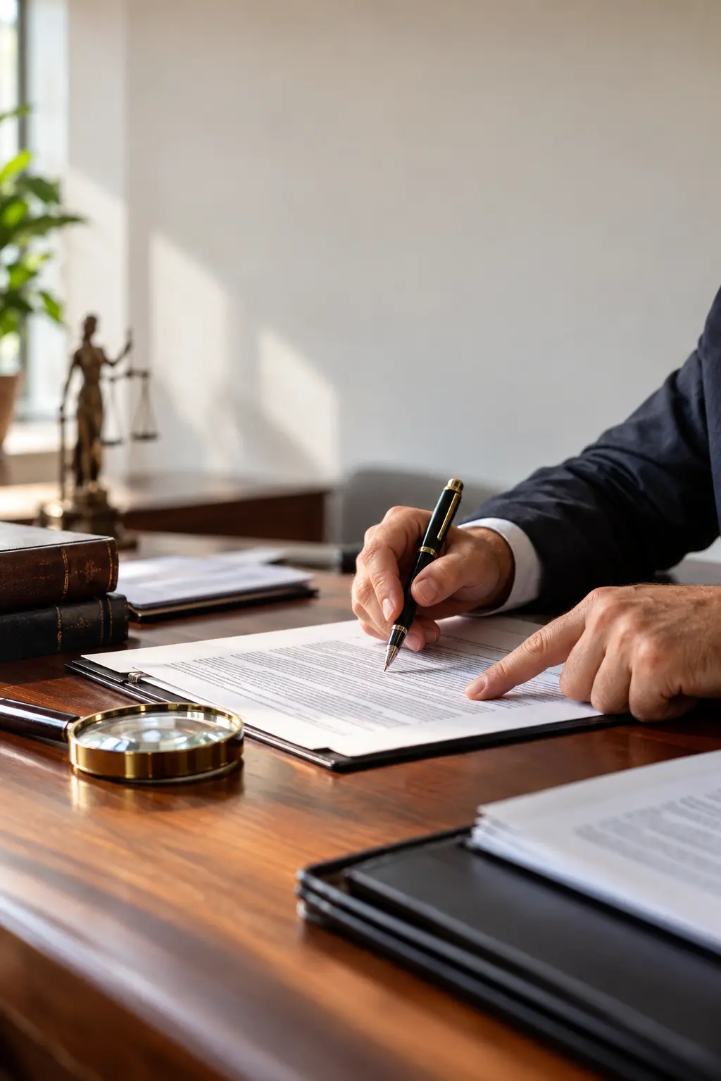 Revisão de contrato comercial com lupa e caneta