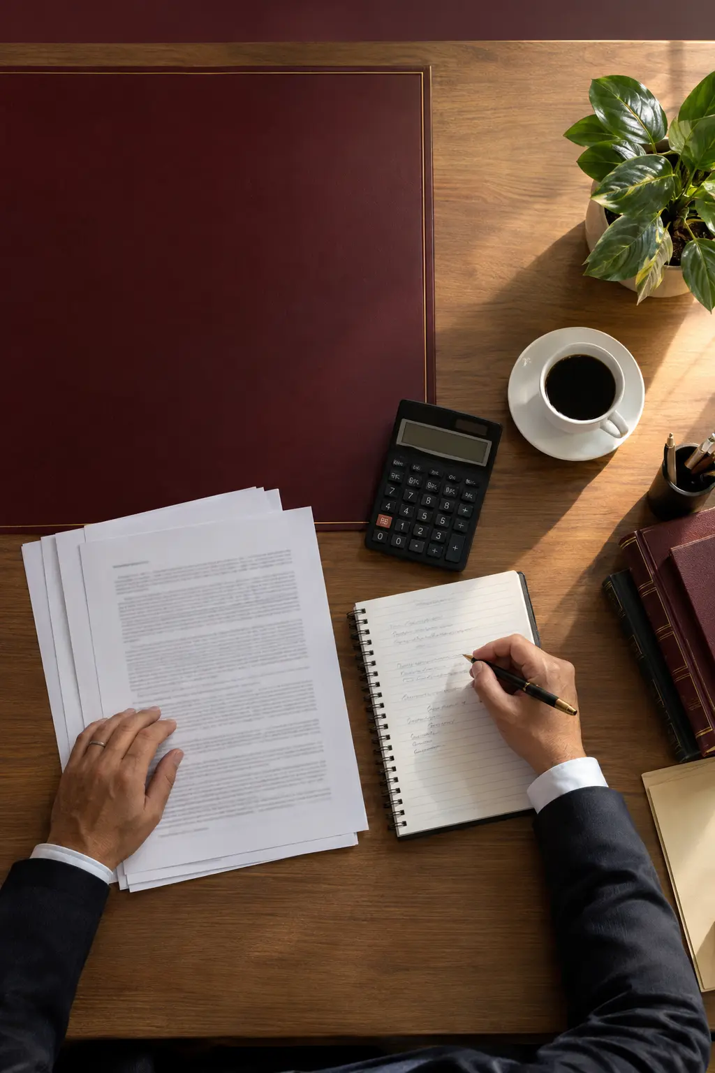 Mesa com documentos contratuais, calculadora e anotações