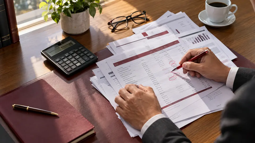 Documentos financeiros sendo analisados em escritório
